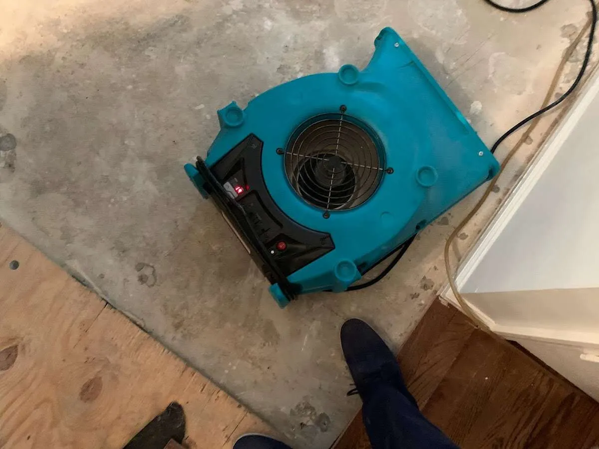 Air mover drying subfloor during Leak Detection & Repair in Robeson